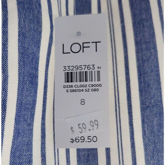 Loft Wrap Tie Knee Length Skirt Rayon Linen Blue White Striped Women's Size 8 - Picture 13 of 13